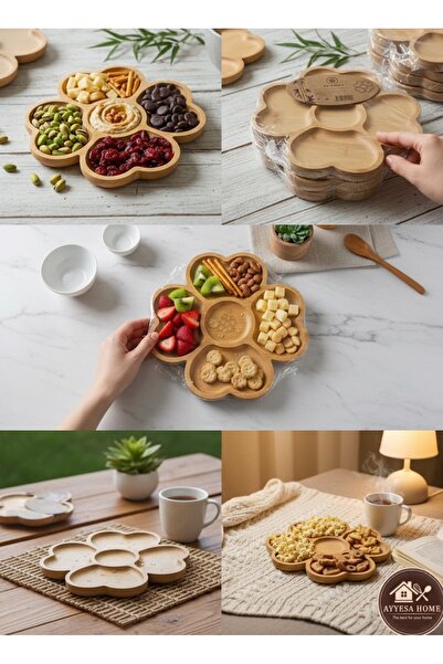 WARDY AYYESA HOME 6 Adet Bambu 5 Bölmeli Kalp Şekli Sunum Tabağı Çerezlik, Ka...