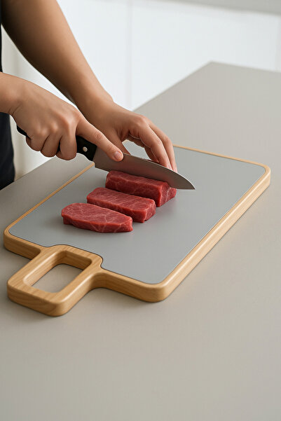 Ahlat Store Stainless Steel Cutting Board Double-Sided Rectangular with Bambo...