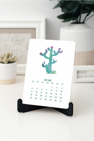 Grafiklas 2026 Ahşap Ayaklı A6 Kaktüs Temalı Masa Takvimi, Özel Tasarım Dekoratif Yılbaşı Hediyesi