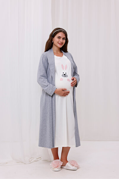 Yulem Homewear Powder Rabbit Patterned Cotton Long Sleeve Full Length Maternity Nightgown-Robe Set of 2