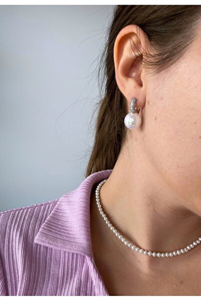 House of Crystals Silver Plated White Pearl Choker Necklace and Lady Earrings Set