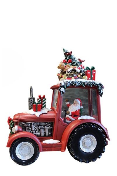 Home Red Christmas decorative tractor figurine with Santa, tree, LED lights, snow, music
