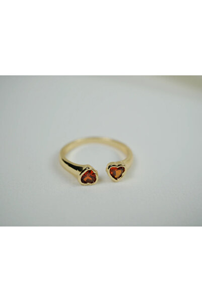 ATELİER TUĞBA خاتم YZK051 قابل للتعديل بتصميم قلب مزدوج مع حجر كريم بلون أحمر...