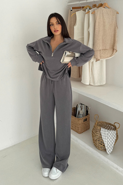 Mogi Butik طقم نسائي بياقة بسحاب من قماش المودال الفاخر 3140