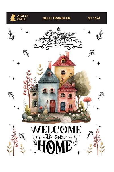 Atölye Smile ST1174 Ev Desenli Açık Zemin Sulu Transfer 25*35 cm