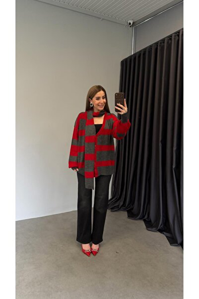 elif teke Gri Çizgili Atkılı Hırka Kırmızı