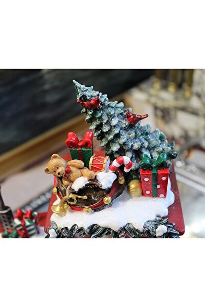 Home Red Christmas decorative tractor figurine with Santa, tree, LED lights, snow, music