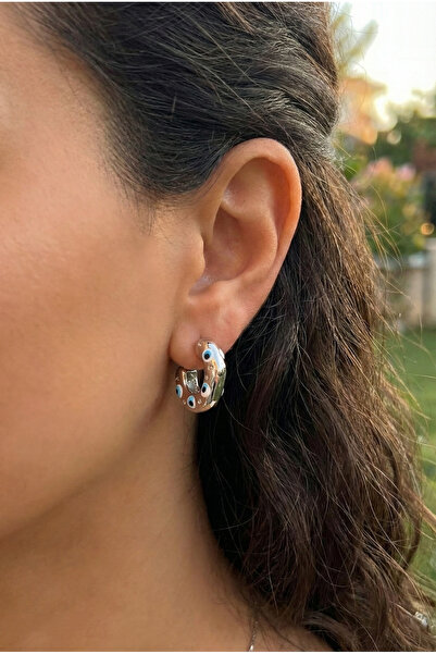 PRVT Gümüş Renk Nazar Boncuklu Halka Küpe – Kararmaz Paslanmaz Çelik