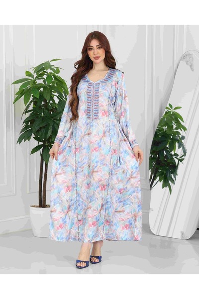Nice Model Silk Floral Maxi Kaftan Dress Women Long Sleeve V-Neck Embroidered Pastel Print Elegant Loungewear