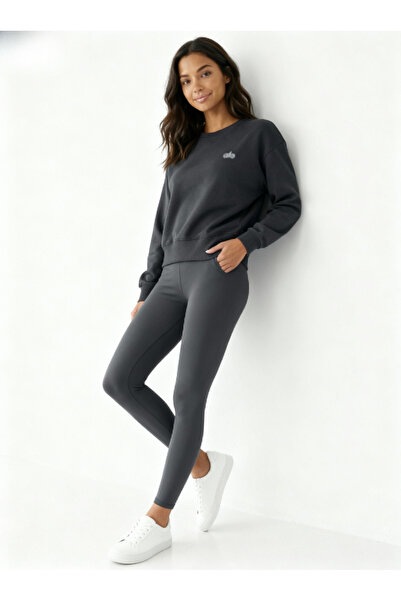 HepsitrentStore Dark Gray Crew Neck Long Sleeve Oversized Sweatshirt