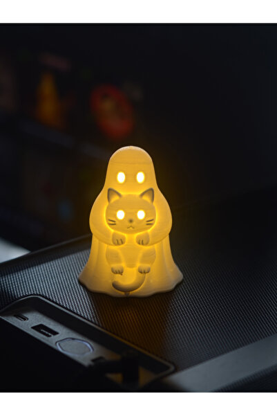 Atsutech Dekoratif Pilli Mumlu Hayalet Kedi Gece Lambası - 3D Tasarım Sevimli...