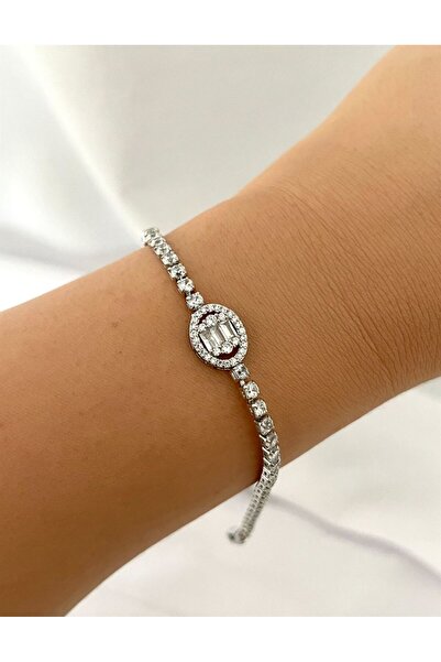 AKSESUARIM Women's Baguette Zircon Stone Steel Bracelet