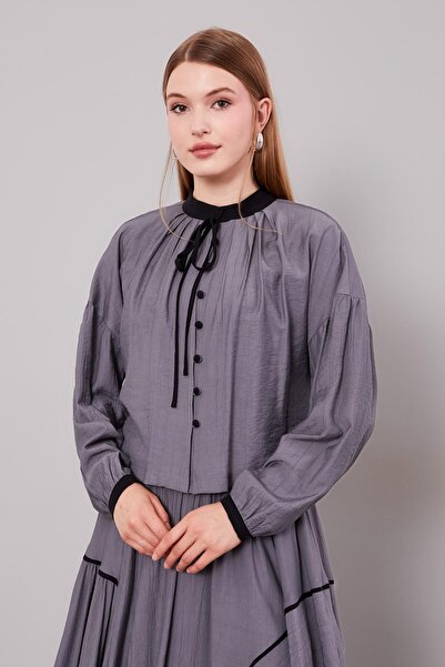 Levidor Anthracite gathered judge collar detailed skirt suit