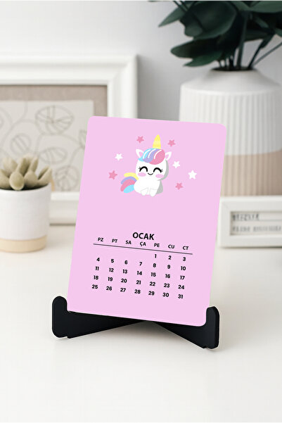 Grafiklas 2026 Pembe Lila Temalı A6 Masa Takvimi, Ahşap Ayaklı Pastel Renk Masaüstü Takvim Tasarımı