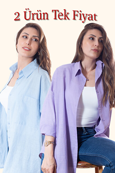 Justime Kadın Oversize Pamuk Keten Lila - Açık Mavi Gömlek