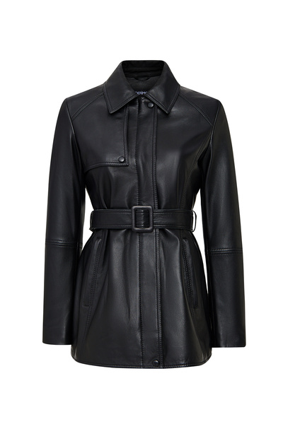 Derimod Cordelia Women's Black Belt Detailed Shirt Collar Leather Coat 25Wgd5623U6