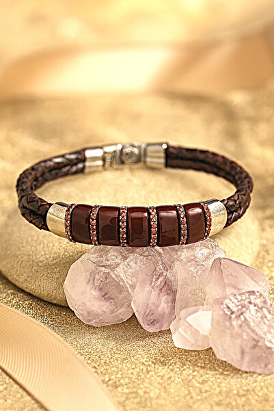 Siset Gümüş 925 Ayar Gümüş İşlemeli Akik Taşlı Çift Sıra Örgü Model Erkek Der...