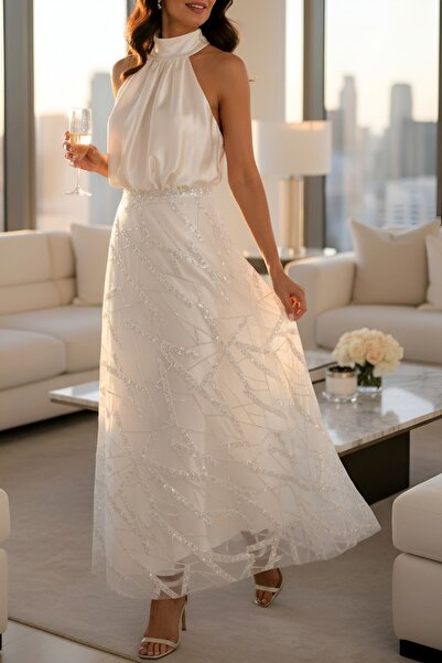 DADUCOLLECTİON Midi sırt dekolteli beyaz abiye gelinlik