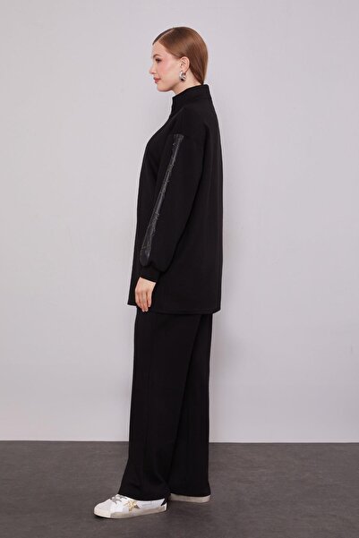 Levidor Black Glitter Leather Detailed Double Suit