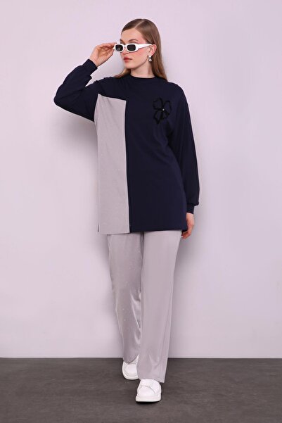 Levidor Navy Blue Clover Pattern Detailed Double Suit