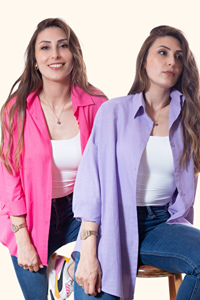 Justime Kadın Oversize Pamuk Keten Lila - Fuşya Gömlek