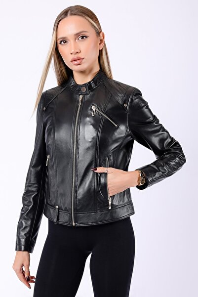 Leather Club Siyah Biker Hakiki Deri Ceket