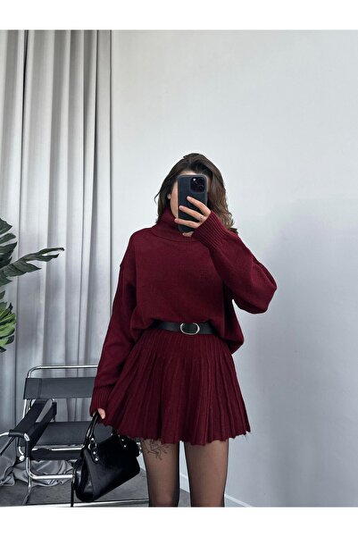 POİNE Women's Premium High Neck Sweater and Mini Skirt Knitwear Set