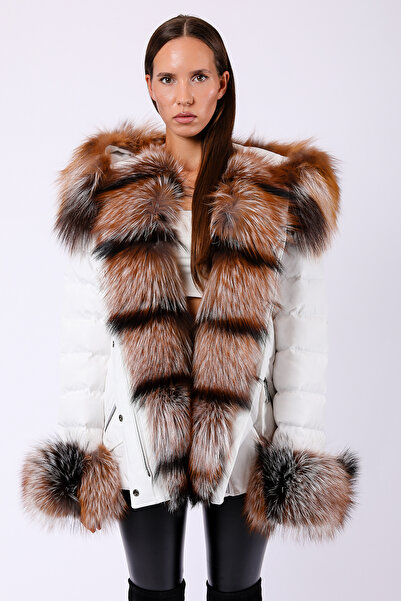 Leather Club Beyaz Naturel Fox Kürk Garnili Fiber Puffer Kaban