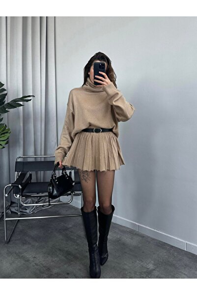 POİNE Women's Premium High Neck Sweater and Mini Skirt Knitwear Set