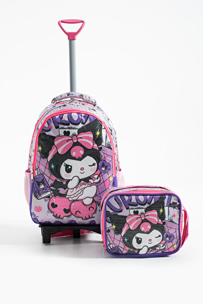 Sona Park Simli Kuromi Çekçekli İlkokul Çantası Seti– Sabit Çekçek , Katlanır Ön Ayak, Beslenme Çantalı