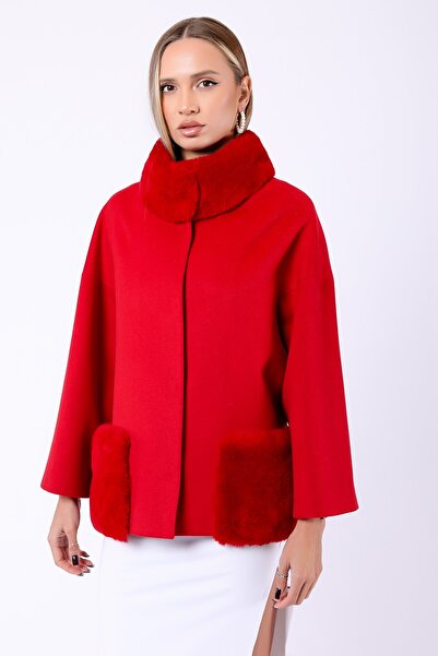 Leather Club Kırmızı Kürk Aksesuarlı Kaşmir Kaban