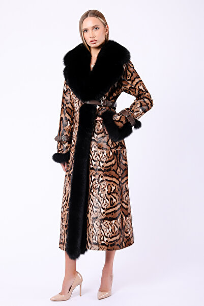 Leather Club Kahve Tiger Fox Kürk Aksesuarlı Hakiki Deri Kaban