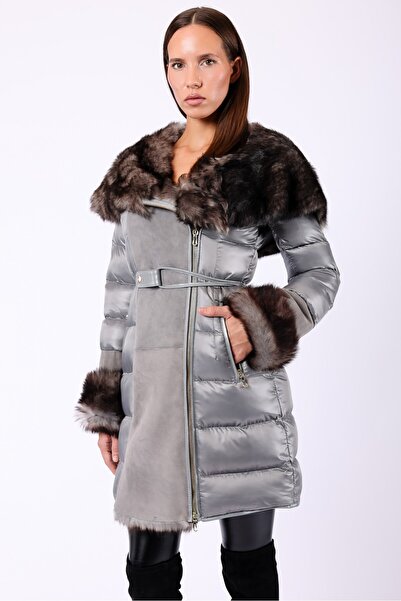 Leather Club Metalik Gri Toskana Süet Kürk Kaban