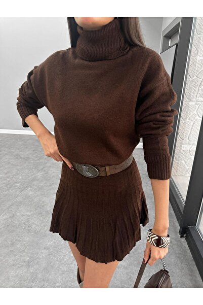 POİNE Women's Premium High Neck Sweater and Mini Skirt Knitwear Set