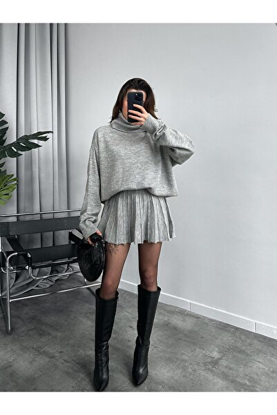 POİNE Women's Premium High Neck Sweater and Mini Skirt Knitwear Set
