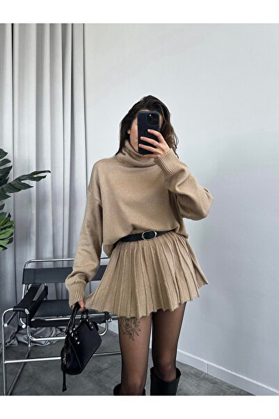 POİNE Women's Premium High Neck Sweater and Mini Skirt Knitwear Set