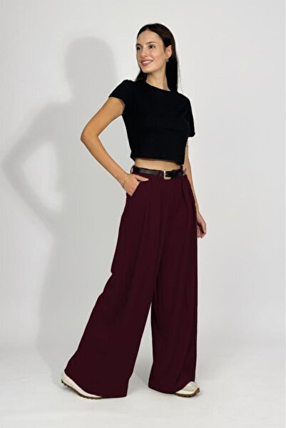 Betimoda Women's Pleated Belted Pocketed Palazzo Pants Claret Red