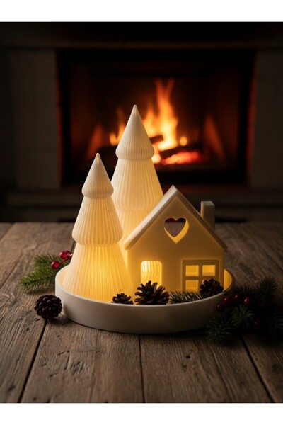Butik Işıklı Köy Evi Temalı LED Dekoratif Obje | Çam Ağacı Mumluk Gece Lambası
