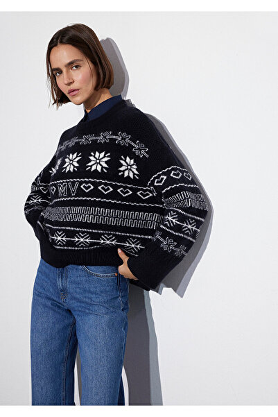 Mavi New Year's Themed Navy Blue Sweater Oversized / Wide Cut 1710804-84371