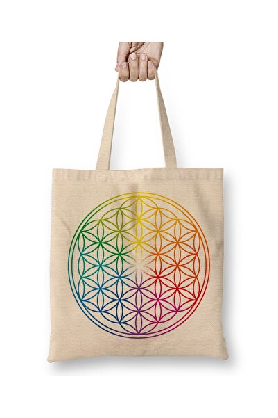 Toyaso Λουλούδι της ζωής Rainbow White Tote Bag Τσάντα αγορών με μακριά λαβή ...
