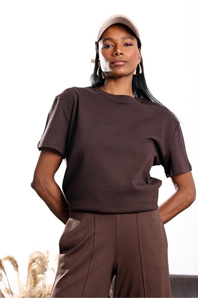 5in1Canpolat Brown Crew Neck Oversized T-Shirt 4031