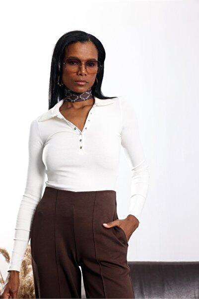 5in1Canpolat Ecru Polo Neck Corded Fabric Blouse 17276