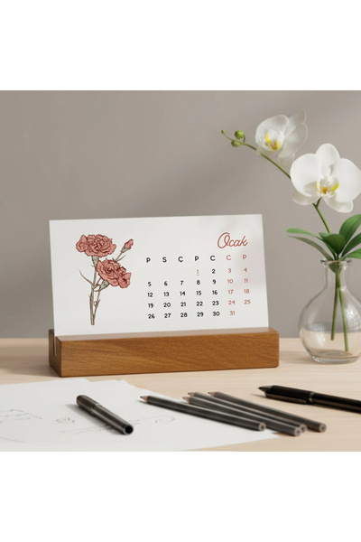 bi'aldım Rustik Ahşap Ayaklı 2026 Masa Takvimi - Doğum Ayı Çiçekleri Takvimi