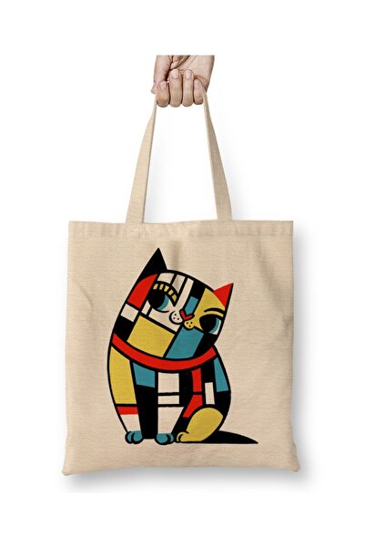 Toyaso حقيبة تسوق من القماش الأبيض من موندريان كات بمقبض طويل وحقيبة للشاطئ