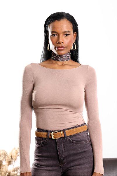 5in1Canpolat Mink Boat Neck Transparent Blouse 25187