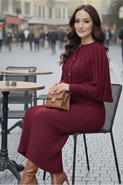 TRENDTESETTÜR KADIN BORDO BOLEROLU TRİKO ELBİSE T 8744