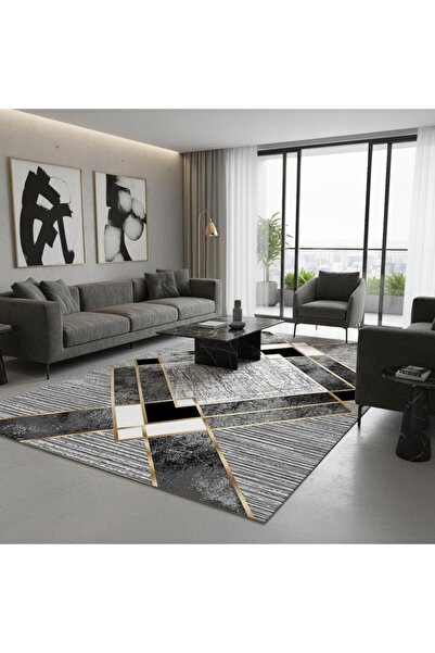 Carpettex Siyah ve Altın renklerde Modern Geometrik Desenli Dijital Baskılı H...