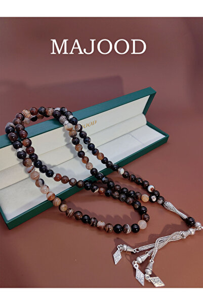 MAJOOD 99 مسبحة صلاة من حجر العقيق الطبيعي بنقوش قهوة موكا حقيقية/8 مم/للرجال...