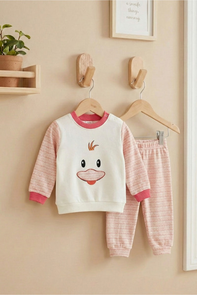 Bebişto Baby Girl Cute Duck Printed Pink 100% Cotton 2-Piece Set