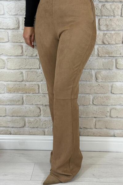 Muna Boutique Nubuck Fabric Milk Brown Wide Leg Trousers
